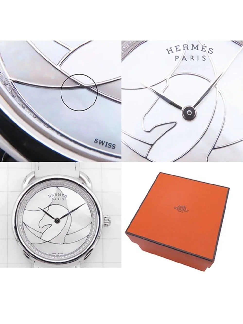 Hermes Arceau White Shell SS Leather Diamond Dial Watch Quartz